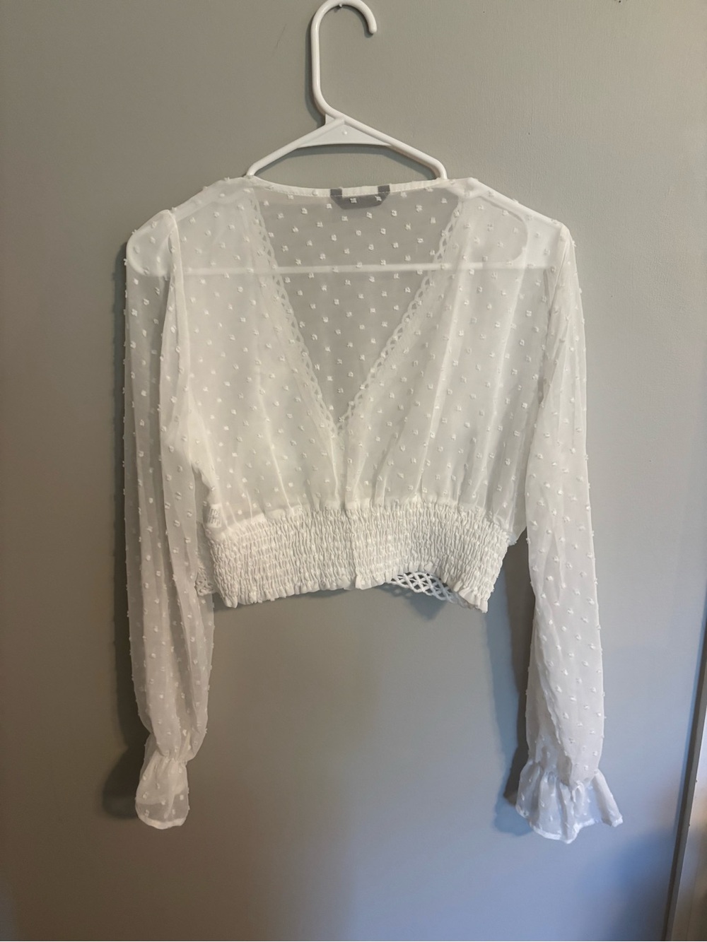 SHEIN White Lace V-Neck Cropped Blouse with Sheer Dotted Sleeves - Picture 2 of 3